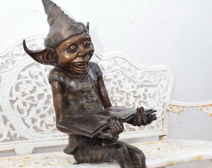 Sculpture Bronze Elf - Sitting Gnome Reading Book - Funny Pixie Figure - Home and Garden Decoration - Vintage Gift Idea