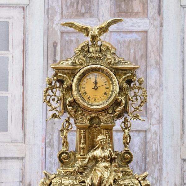 Large Brass Table Clock with Eagle and Woman - Fireplace Clock - Rococo Style Clock - Exclusive Gift Idea