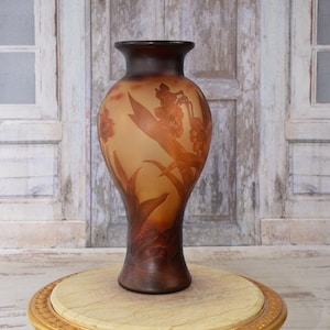 Limited Flower Vase - Brown and Orange Glass Vase - Emile Galle Style - Solid and Heavy - Wedding Gift Idea - Home Decor