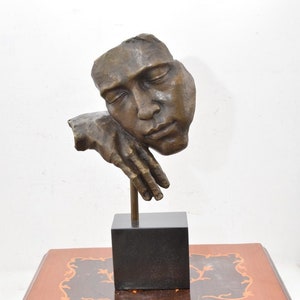 Large Bronze Pensive Face Statue - Mask Salvador Dali Style - Modernist Bronze Sculpture Woman - Art Work Abstract Figurine - Home Decor