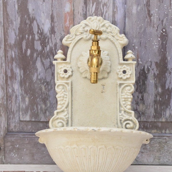 Cast Iron White Wall Fountain with Brass Faucet Tap - Spout Fountain Metal Wall Sink - Patio &  Wall Ornament Outdoor - Garden Decoration
