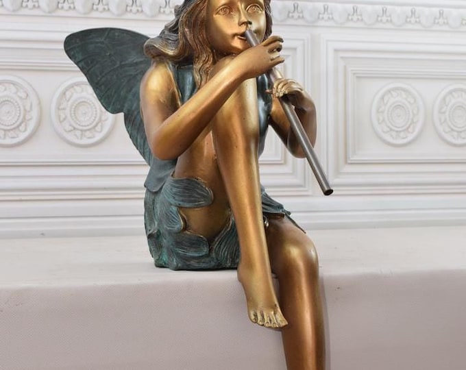 Thumbelina Elf Sitting with Flute - Bronze Figure -Thumbnail Statue - Luxury Sculpture - Home and Garden Decor - Gift for Birthday Wedding