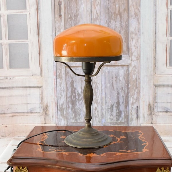 Incredibile lampada da banchiere Cognac - Lampada da scrivania - Vetro arancione - Regalo per ufficio - Lampada da comodino - Paralume Cognac - Regalo di lusso