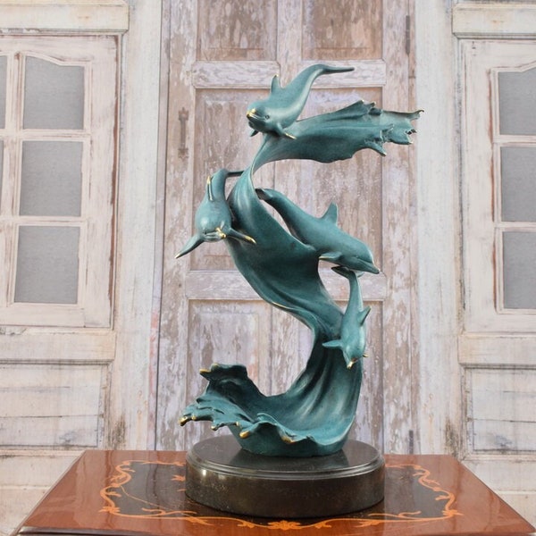 Statue en bronze des dauphins familiaux sur base en marbre - Sculpture en bronze haut de gamme - Marque de fonderie - Dauphin cadeau exclusif - Décoration intérieure - Cadeau unique