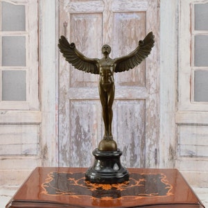 Ikarus Bronze Skulptur auf Marmorsockel - Vintage Figur - Mythologische Statue - Geflügelter Mann Akt - Luxusgeschenk - Wohnkultur