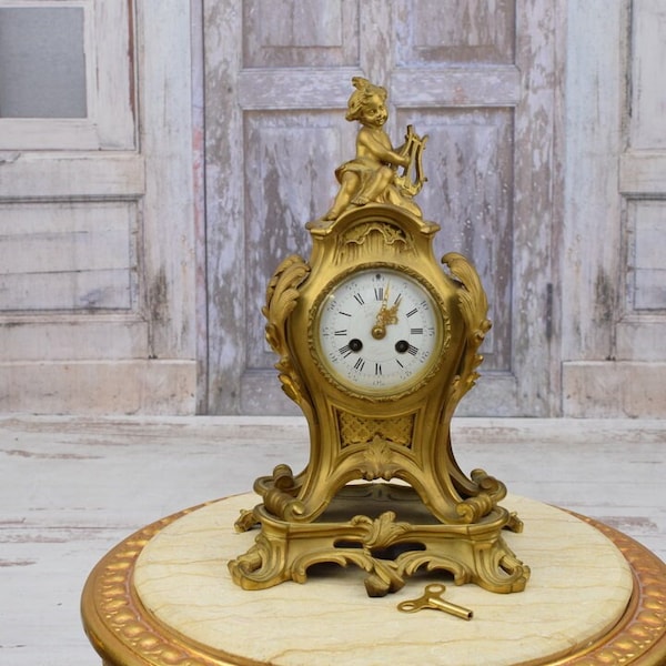 Luxury Bronze Gilded Clock - Fireplace Clock - Playing Angel - Table Clock - Antique Empire Gold Color Clock - Exclusive Gift Idea