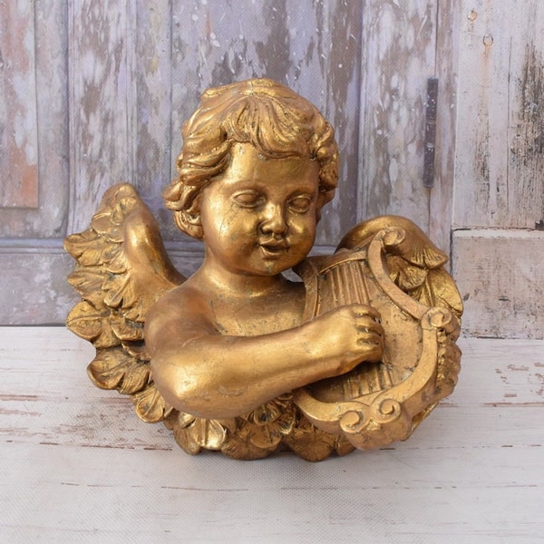 Grand Cupidon jouant - Goldene Angel - Décor mural - Décor d’église - Décoration intérieure - Statue unique - Cadeau vintage
