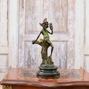 Funny Goblin Sculpture - Pixie Bronze Statue on Marble Base - Funny Gnome Pixie Bronze Sculpture - Elf Bronze -