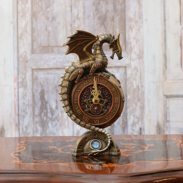 Dragon Steampunk avec horloge - Dragon Art Work - Figure impressionnante - Sculpture Steampunk - Décoration intérieure - Objet de collection