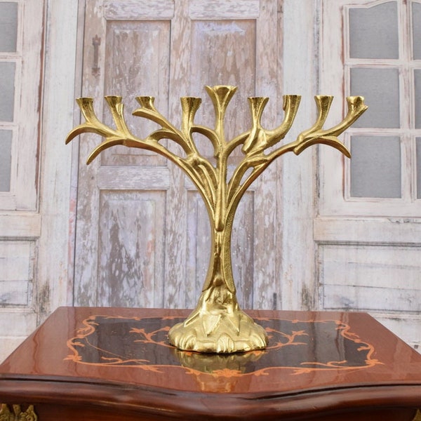 Menorah en laiton - Chandelier juif de voyage - Cadeau Judaica - Candélabre à neuf branches - Bougeoir en argent pour neuf bougies - vintage