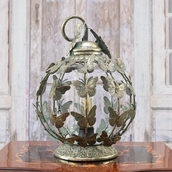 Beautifully Metal Lantern - Butterflies Latern - Decorated Lantern - Lamp with Light Bulb - Luxury Gift for Home and Garden