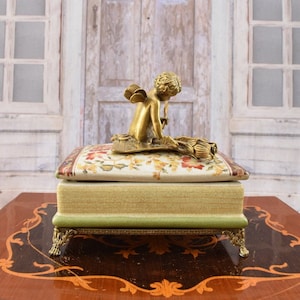 Estatua de bronce de ángel escribiendo una carta - Ataúd de porcelana con adornos de bronce - Decoración del hogar - Ricamente decorado - Regalo único