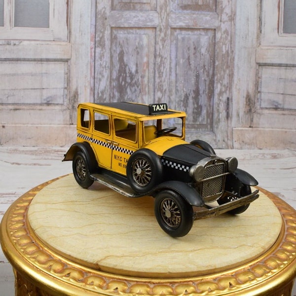 Ancienne voiture de taxi vintage - Voiture de taxi de New York - Objet de collection de voitures - Modèle de taxi jaune et noir - Idée cadeau pour chauffeur de taxi - Old School