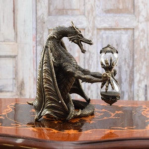 Dragon with Hourglass Statue - Time Guardian - Dragon Figurine - Time Measurement -  Art Work Sculpture - Fantastic Gift Idea - Home Decor