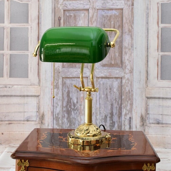 Vintage Banker Desk Lamp: Polished Brass with Green Glass Shade