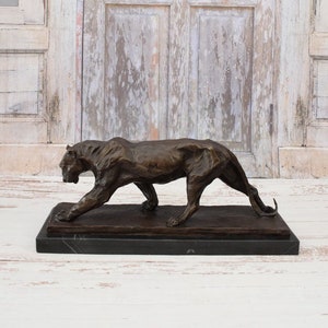 Grande escultura de bronze de pantera sólida e pesada de 19' em base de mármore - estátua de bronze realista - estátua de pantera jaguar presente de luxo - decoração de casa