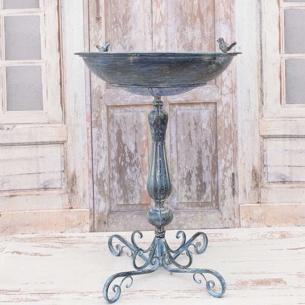 Wrought iron birdbath - Blue Iron Birds Drinker - Fountain Outdoor Gift Vintage Style - Garden Feeder for Birds