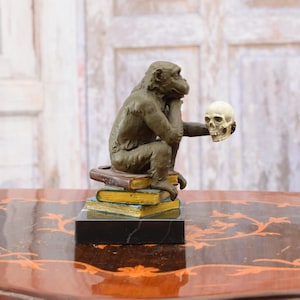 Macaco pensador de Darwin - Escultura de cabeça de caveira em bronze - Estatueta Estátua de bronze - Bronze pintado - Presentes elegantes e personalizados