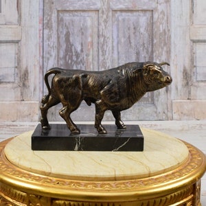 Large and Heavy Cast Iron Bull Statue  - Corrida Bull on Marble Base - Bull Figurine - Vintage Statue Gift for Boss - Home and Office Decor