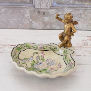 Soap Dish Porcelain - Vintage Plateau Porcelain with Bronze Angel - Art Nouveau Porcelain - Flowers Ornaments - Vintage Gift