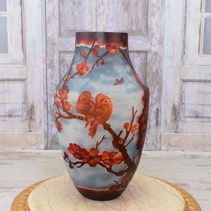Limitierte Blumenvase - Glasvase Vogel Design - Emile Galle Stil - Blaue und Rote Farben - Geschenkidee - Wohndeko