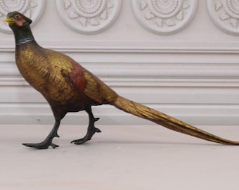 Painted Bronze Pheasant Sculpture - Hunting Decor