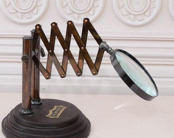 Vintage Brass Adjustable Magnifier: Harmonica Style, Wood Base