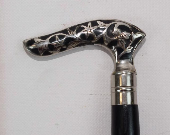 Walking Stick Aluminum - Vintage Wooden Walking Cane - Gift for Grandfather Father - Silver and Black - Solid Cane - Collector Item