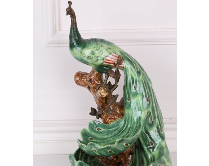 Green Peacock Statue Porcelain - Porcelain and Bronze Ornaments - Unique Colorful Peacock - Vintage Statue - Home Decor - Gift for Wedding