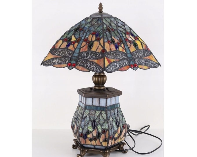 Blue Tiffany Style Lamp, Table Dragonfly Lamp, Flower Stained Glass, Bedside Lamp, Atmospheric Lamp, Office Gift, Amazing Desk Lamp, Home