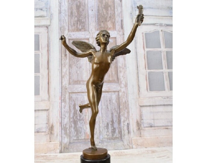 Winged Fairy Holding Torches Bronze Statue on Marble Base - Victory Statue - Vintage Sculpture - Premium Figurine - Home Decor - Gift Idea