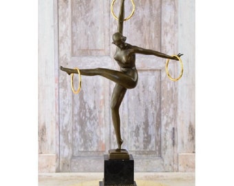Bronze Gymnast Sculpture with Hoop: Marble Base Dancer Decor