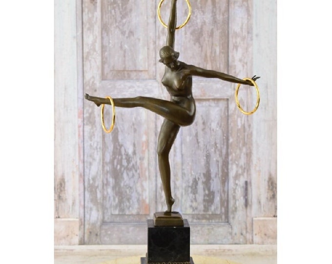 Bronze Gymnast with Hoop - Dancer Sculpture of Acrobat on Marble Base - Ideal Gift for Dancer - Home Decor