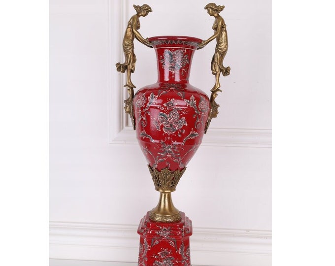 Red Large Vase with Nymphs - Amazing Porcelain Vase with Bronze Ornaments - Floral Design - Home Decor - Premium Gift for Wedding