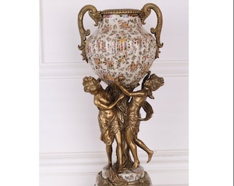 Antique Porcelain Vase with Bronze Nymphs & Floral Design