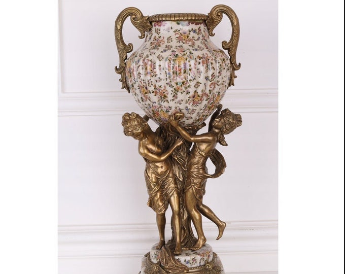 Flowers Design Large Vase with Nymphs - Amazing Porcelain Vase with Bronze Ornaments - Floral Design - Home Decor - Premium Gift for Wedding