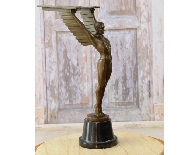 Icarus art deco figurine bronze - icarus mythology statue - mythological statue foundry mark - home decor - handmade vintage bronze