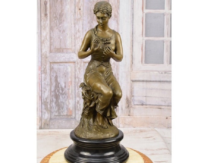 Large ! Woman with Flower Bronze Statue - Art Deco Sculpture - Woman on Branch - Foundry Mark - Gift Idea - Home Decor