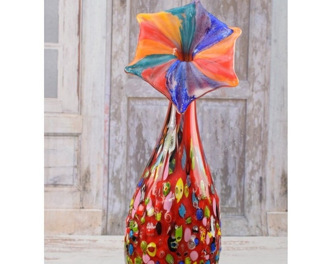 Red Vase Murano Style Glass - Handcrafted Flower Pot - Colorful Flower Pot - Massive and Heavy - Italian Luxury Glass - Home Decor Gift