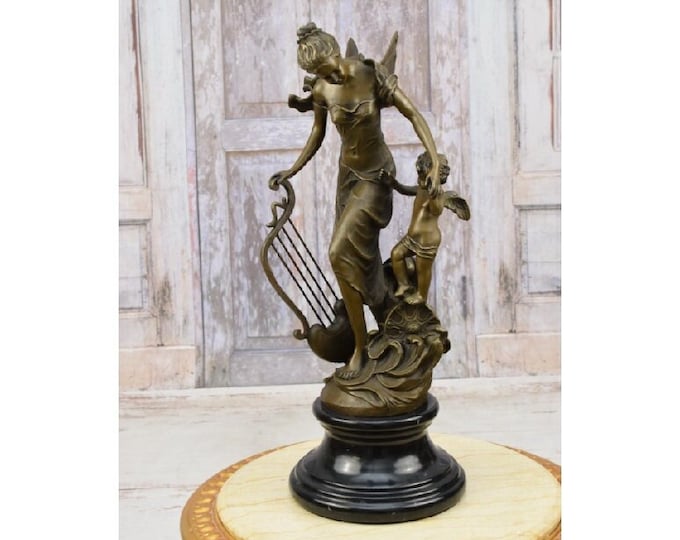Limited Bronze! Fairy and Angel and Harp Bronze Sculpture on Marble Base - Fantasy Figurine - Woman Statue - Home Decor - Gift Idea