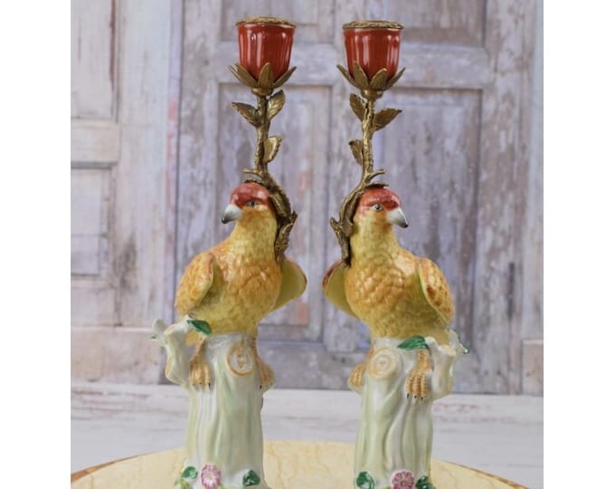 Pair Porcelain Candlesticks - Bronze Ornaments - Colorful Parrots - Home Decor - Unique Gift for Wedding - Antique Candleholders