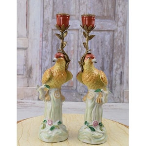 Pair Porcelain Candlesticks - Bronze Ornaments - Colorful Parrots - Home Decor - Unique Gift for Wedding - Antique Candleholders