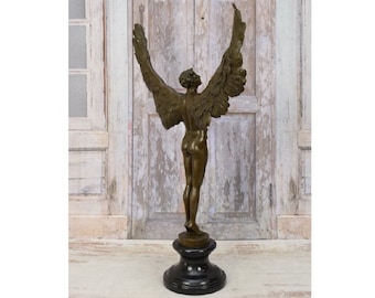 Vintage Icarus Bronze Sculpture: Winged Man on Marble Base