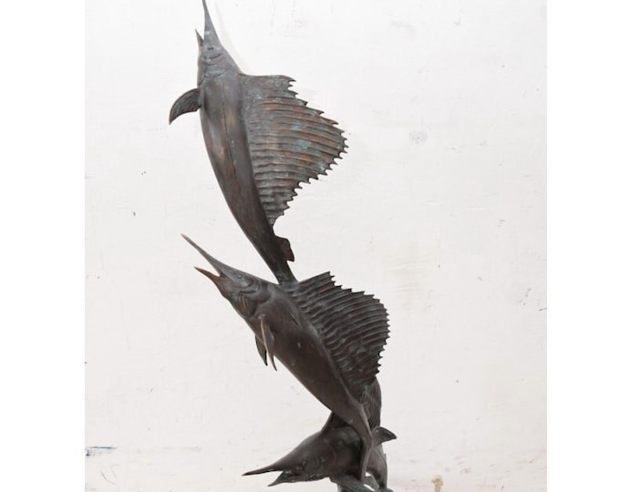 Blue Patina Bronze Fishes - Marlin Bronze Statue - Art Work Painted Sailfish - Gift for Fisherman - Fish Sculpture on Marble Base