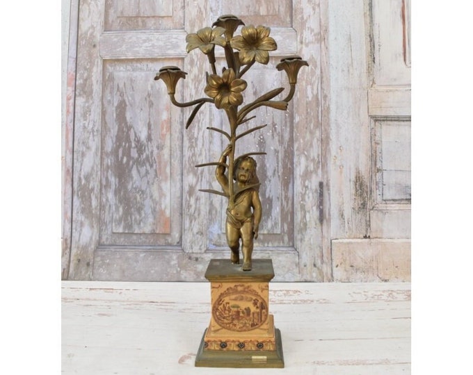 Amazing Bronze and Porcelain Candlestick - Angel with Flowers - Angel Statue  - Unique Candlestick - Luxury Home Decor - Gift Idea