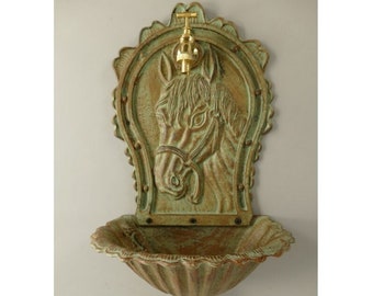 Green Patina, Rustical Cast Iron Wall Fountain with Brass Faucet Tap, Horse Head Fountain Metal Wall Sink, Patio &  Wall Ornament Outdoor