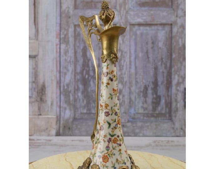Porcelain Wine Jug with Bronze Handle - Porcelain Carafe - Gold Bronze - Floral Ornaments - Art Nouveau Style - Home Decor - Kitchen Decor
