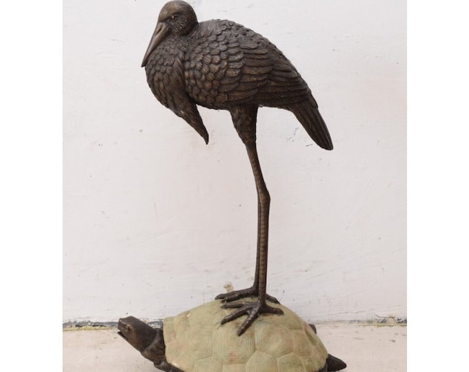 Bronze Heron and Turtle Fountain – Green Patina Garden Statue Animals