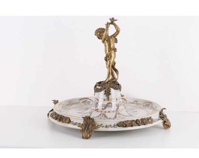Plateau Cherub with Bird - Porcelain and Bronze Ornaments - Painted Porcelain - Richly Decorated - Flowers Design -  Home Decor - Gift Idea