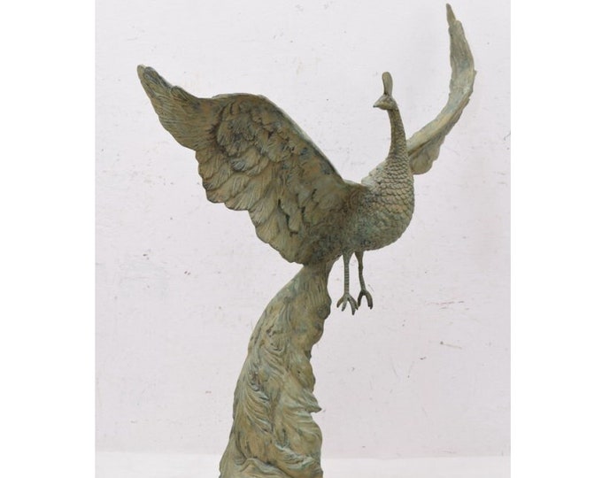 Large Bronze Peacock with Spread Wings - Green Patina Bronze Statue on Marble Base - Elegant Gift Idea for Wedding - Home Garden Decor